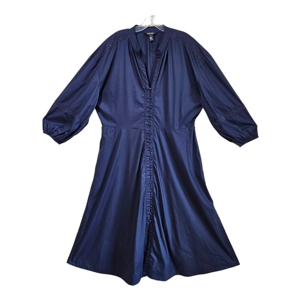 LAUREN RALPH LAUREN Women's 16 Midi Shirt Dress Buttons Crochet Trim Navy - Picture 2 of 9